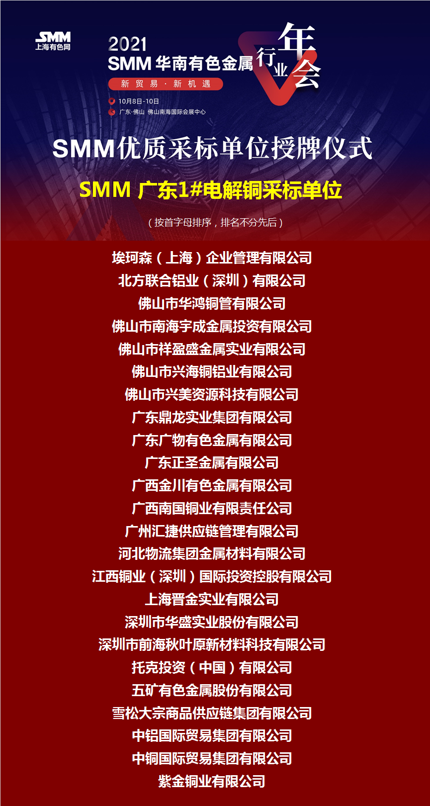 【2021年SMM年度优质采标单位名单揭晓！ 邀您共同见证授牌仪式】2021年SMM继续举办了“华南优质采标单位年度评选活动”。SMM特邀了价格委员会、采标单位代表、有色行业同仁共同参与了评选。经过一系列专业、公正的评选流程，最终评出了80家“2021年度SMM华南优质采标单位” ，并将在2021SMM华南有色金属行业年会上隆重举办授牌仪式。