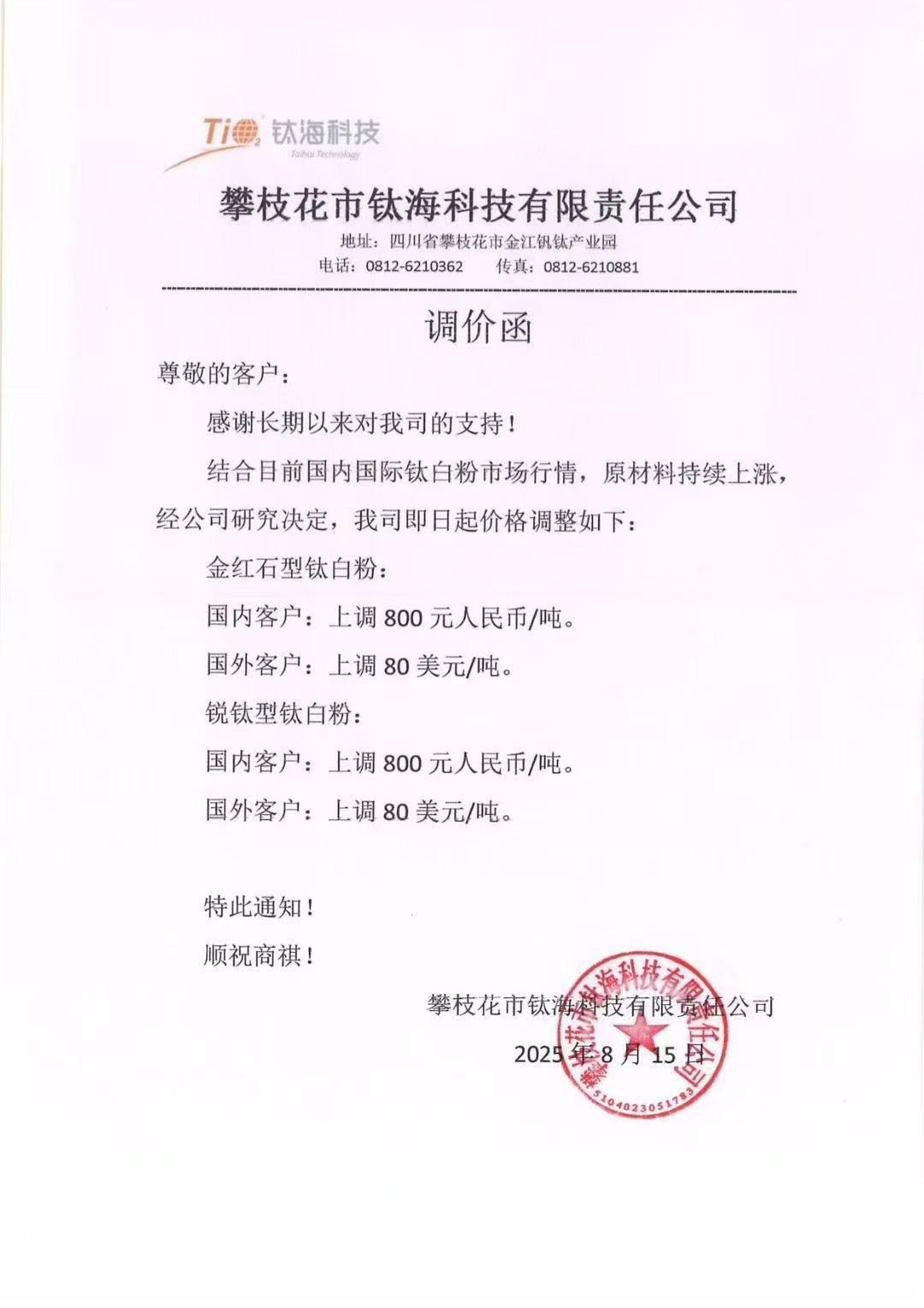 [SMM Titanium Express] Panzhihua Taihai Tech raises TiO2 prices from Aug 15: Both rutile and anatase grades up 800 yuan/mt domestically and $80/mt for exports, citing rising raw material costs.