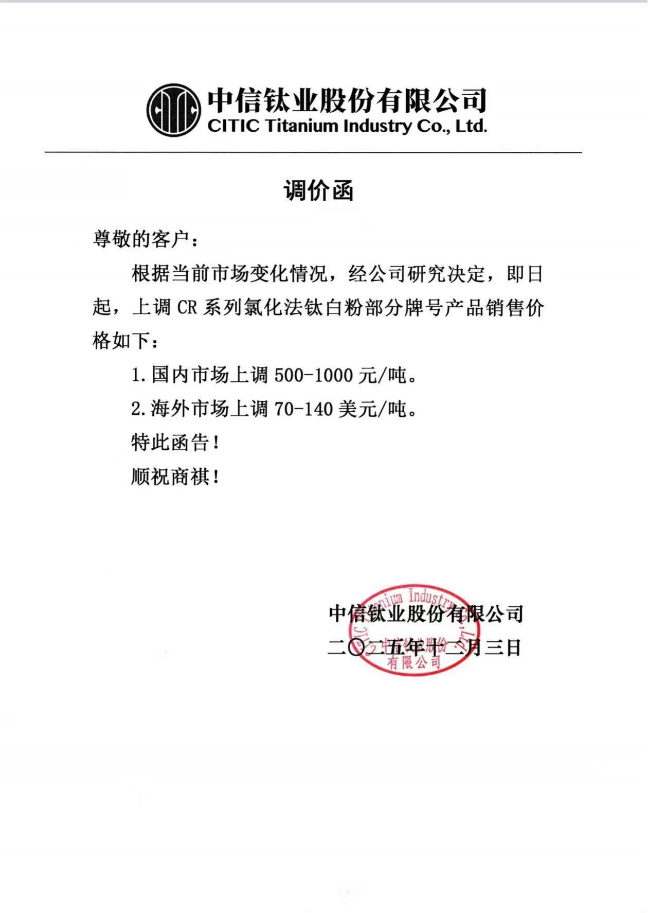 SMM Titanium Express】CITIC Titanium announced price increases for | SMM