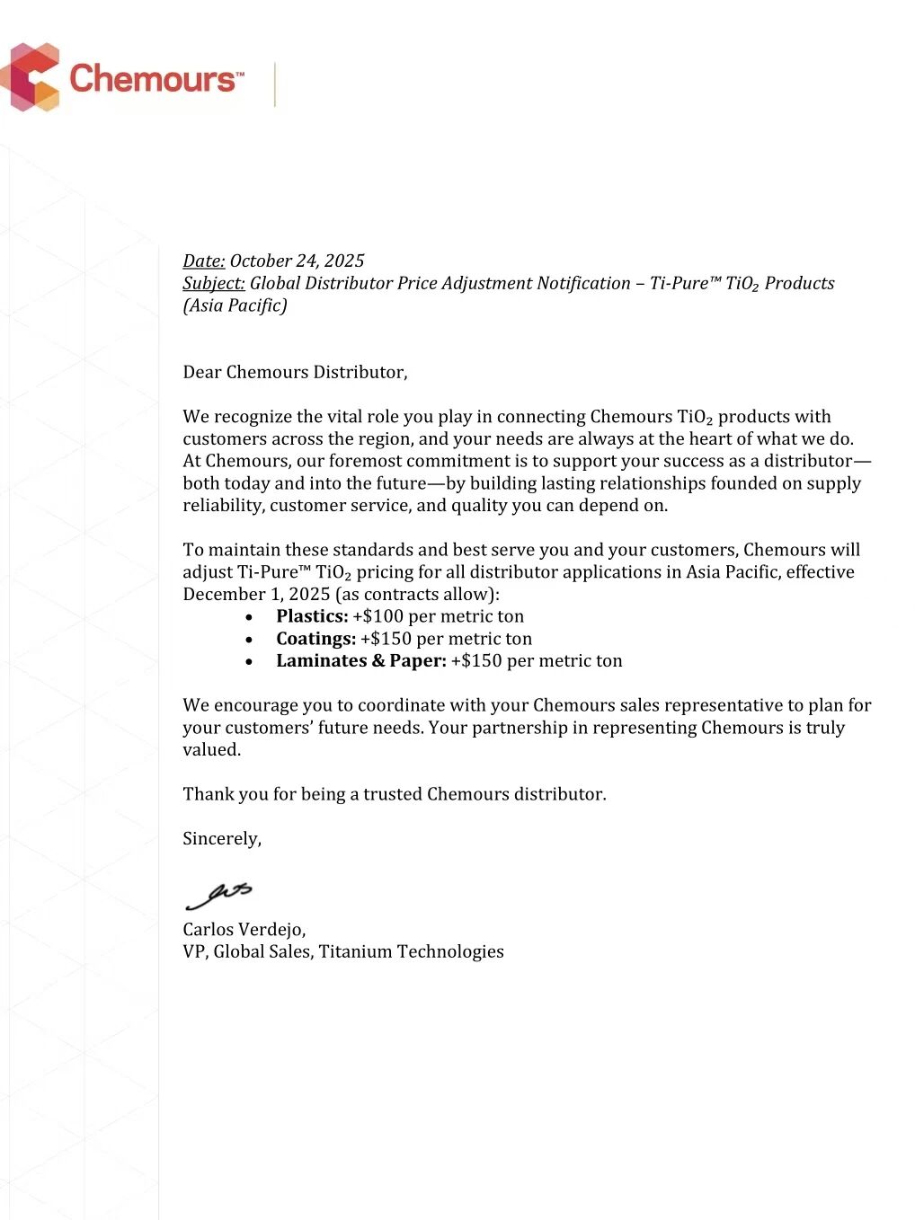 【SMM钛快讯】科慕宣布自2025年12月1日起，上调亚太区二氧化钛价格，其中塑料规格涨100美元/吨，涂料与造纸规格均涨150美元/吨。该公司钛白粉产能达111万吨，主要集中于美国与墨西哥。