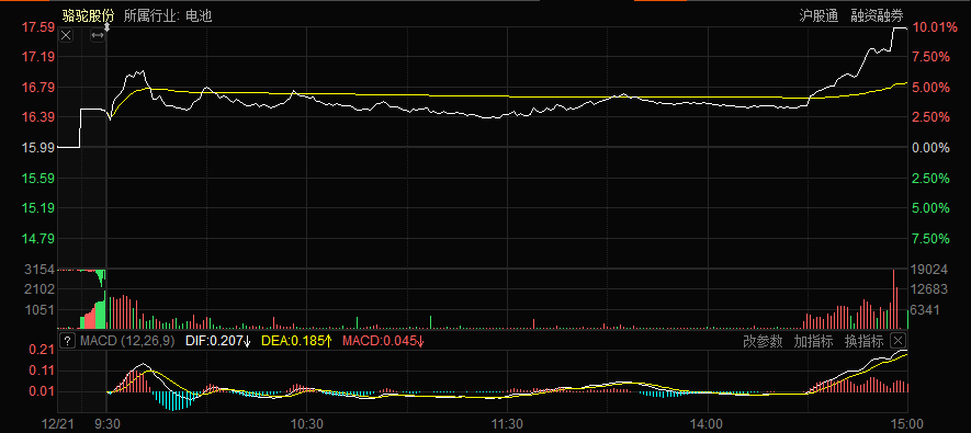 【热股：骆驼股份再发力新能源储能领域 今日盘中打开涨停】今日骆驼股份开盘震荡上行，临近收盘迅速上行，盘中一度于14:55分涨停封板，但收盘时未能守住阵地，最终收盘录涨9.88%，报17.57元/股。消息面上，昨日骆驼股份正式启动武汉研发中心，再度发力新能源储能电池领域，力争在电池领域继续保持领头羊地位。