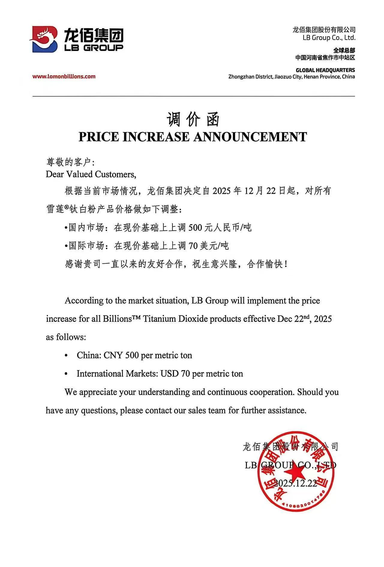 【SMM钛快讯】行业龙头龙佰集团宣布上调钛白粉产品价格。自2025年12月22日起，该公司旗下所有雪莲®/Billions™牌号钛白粉产品，国内市场售价上调人民币500元/吨，国际市场售价上调70美元/吨。