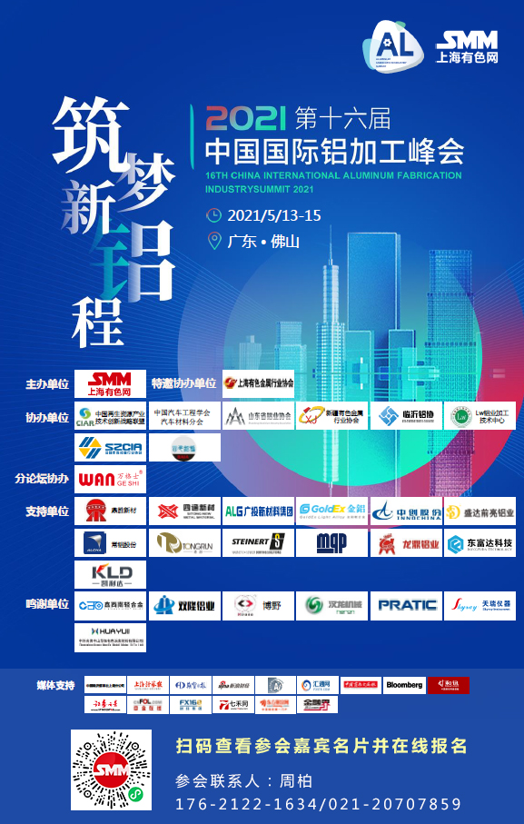 【会议通知】当今世界正经历百年未有之大变局，我国铝加工产业面临前所未有的国内外复杂严峻形势，国内传统消费整体趋缓，新兴消费尚需培育；国际贸易保护不断加剧，铝材出口压力加大。但我国铝加工产业基础坚实，仍具有明显的比较优势，特别是国家“双循环”战略的及时提出，为产业未来发展指明了方向。总体看，我国铝加工产业目前依然处于发展的重要战略机遇期。
SMM将2021年5月13-15日，在广东•佛山隆重召开2021第十六届中国国际铝加工峰会，邀请业内专家、学者、企业大咖针对以上市场关注且与行业、企业发展息息相关的重要话题现场进行全面解读。
