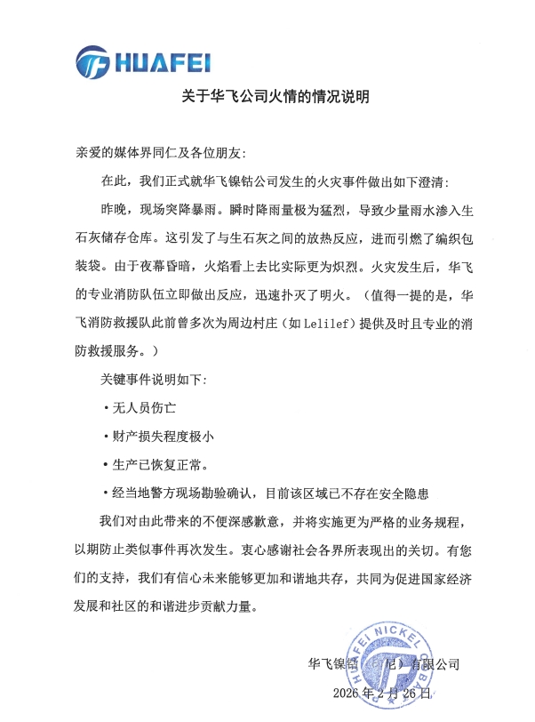【SMM镍快讯】华飞官方就火灾事件发布澄清声明:无人员伤亡,生产已恢复正常
针对2026年2月25日晚发生在印尼韦达贝工业园区(IWIP)内的火灾事件,华飞镍钴有限公司(下称“华飞”)今日正式发布官方情况说明,对事件原因及后续影响作出澄清。
据华飞官方说明,事件起因系现场突降暴雨,瞬时降雨量极为猛烈,导致少量雨水渗入生石灰储存仓库,与生石灰发生放热反应,进而引燃了编织包装袋。由于夜幕昏暗,火焰视觉上比实际更为炽烈。
华飞在声明中强调以下关键事实:
- 无人员伤亡
- 财产损失程度极小
- 生产已恢复正常
- 经当地警方现场勘验确认,目前该区域已不存在安全隐患
火灾发生后,华飞的专业消防队伍立即做出反应,迅速扑灭了明火。
华飞对由此带来的不便深表歉意,并表示将实施更为严格的业务规程,以防止类似事件再次发生。公司衷心感谢社会各界所表现出的关切,并表示有信心未来能够更加和谐地共存,共同为促进国家经济发展和社区的和谐进步贡献力量。