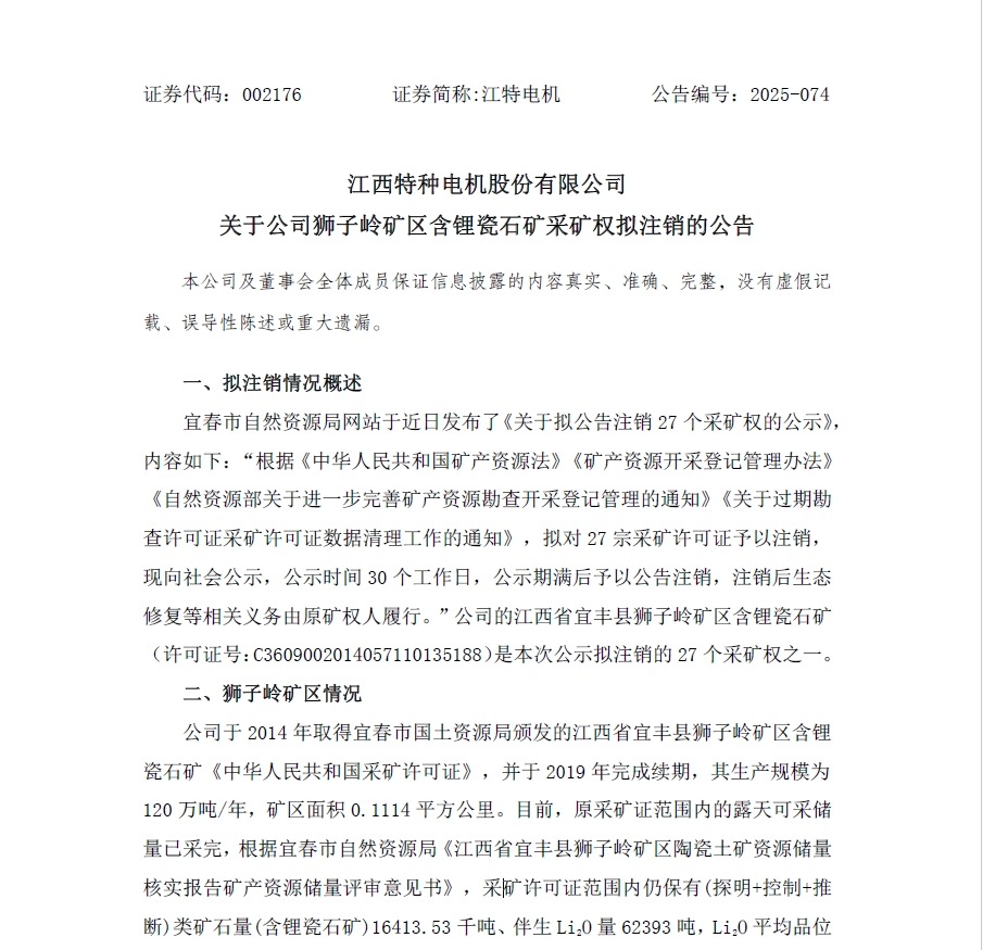 【江特电机狮子岭采矿权拟注销,已提交异议申请并加速茜坑锂矿投产】今日,江西特种电机股份有限公司发布公告,其持有的江西省宜丰县狮子岭矿区含锂瓷石矿采矿权,因被列入宜春市自然资源局拟注销采矿权名单,面临注销风险。该矿生产规模120万吨/年,目前露天可采储量已开采完毕,但据评审意见,矿区仍保有大量锂瓷石矿资源,受原采矿证范围限制未完全开采。公司已向主管部门提交异议申请,力争延续采矿权。同时,正加快推进茜坑锂矿投产准备工作。该矿为锂云母型锂矿,储量大、品位高,开采年限30年,投产后有望显著提升公司锂原料自给率,支撑长期发展。狮子岭采矿权最终是否注销仍待自然资源局公示确认。