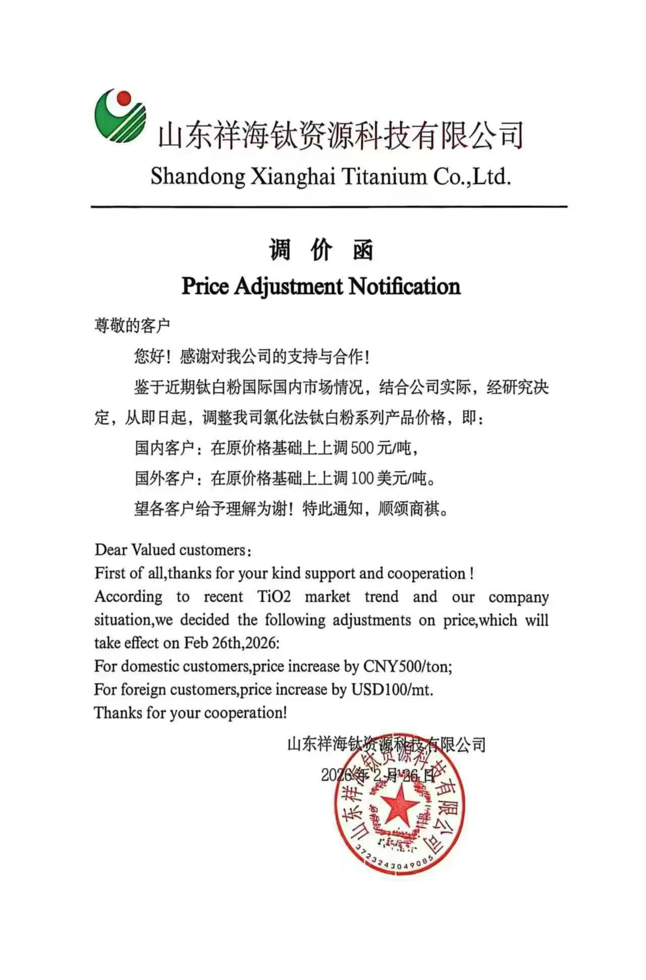 【SMM钛快讯】山东祥海钛资源科技发布调价函，基于近期市场情况，自2月26日起，氯化法钛白粉国内销售价格上调500元/吨，国际销售价格上调100美元/吨。