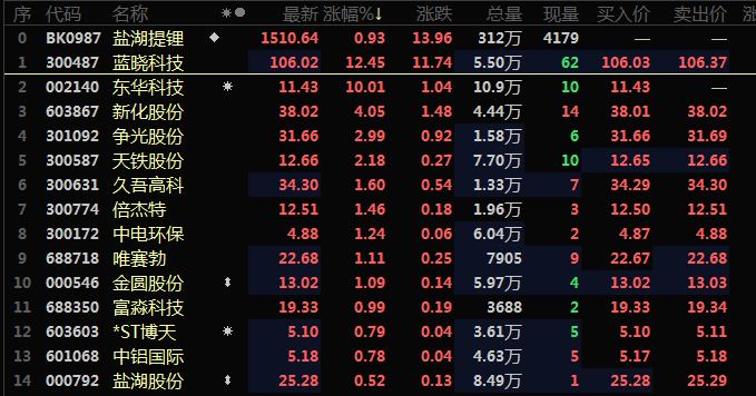 【热股：青海再提加快世界级盐湖产业基地建设 盐湖提锂板块异动拉升】2月13日早间开盘之后，盐湖提锂板块异动拉升，个股方面，东华科技盘初涨停，蓝晓科技盘中涨逾5%，新化股份、万里石、金圆股份等多股纷纷跟涨。消息面上，据中国科学院青海盐湖所2月11日消息，为提高盐湖资源利用率，加快世界级盐湖产业基地建设，青海盐湖研究所与海西蒙古族藏族自治州茫崖市人民政府开展合作座谈并签订战略合作协议。