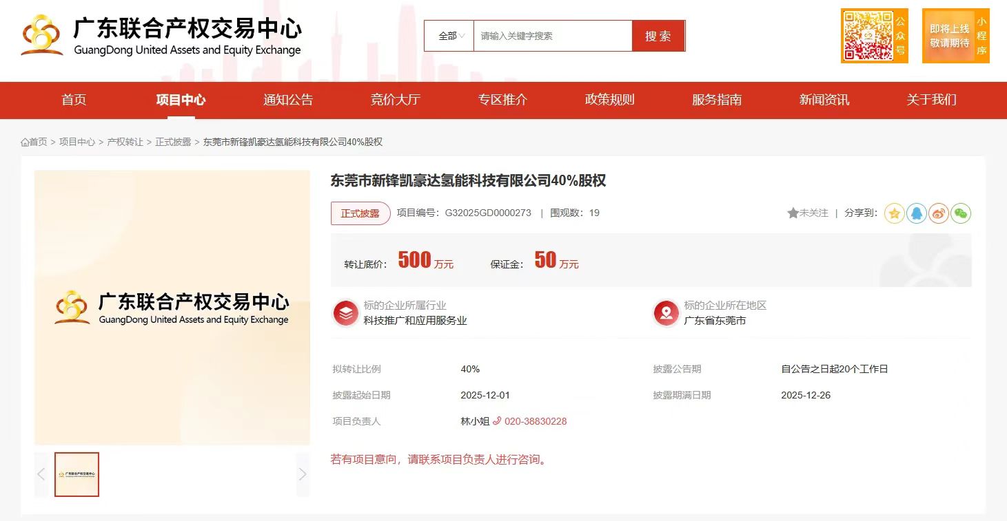 【SMM氢能快讯】12月1日，广东联合产权交易中心披露了一则股权转让信息：东莞新锋能源科技有限公司计划转让其持有的东莞市新锋凯豪达氢能科技有限公司40%的全部股权，转让低价设定为500万元。据悉，东莞市新锋凯豪达氢能科技有限公司成立于2021年10月21日，是一家专注于氢能领域的科技型企业，且为国有参股企业。
