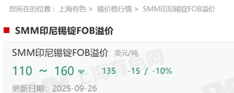 尊敬的用户:
您好!
2025年9月26日,SMM新加坡锡锭FOB溢价，SMM印尼锡锭FOB溢价，SMM上海锡锭CIF溢价正式上线! 价格点维护时间为北京时间周五上午10:30,维护频率为周度。

欢迎广大用户通过SMM官网及数据终端进行查阅!如对价格有疑问,欢迎联系SMM锡研究团队!感谢!
