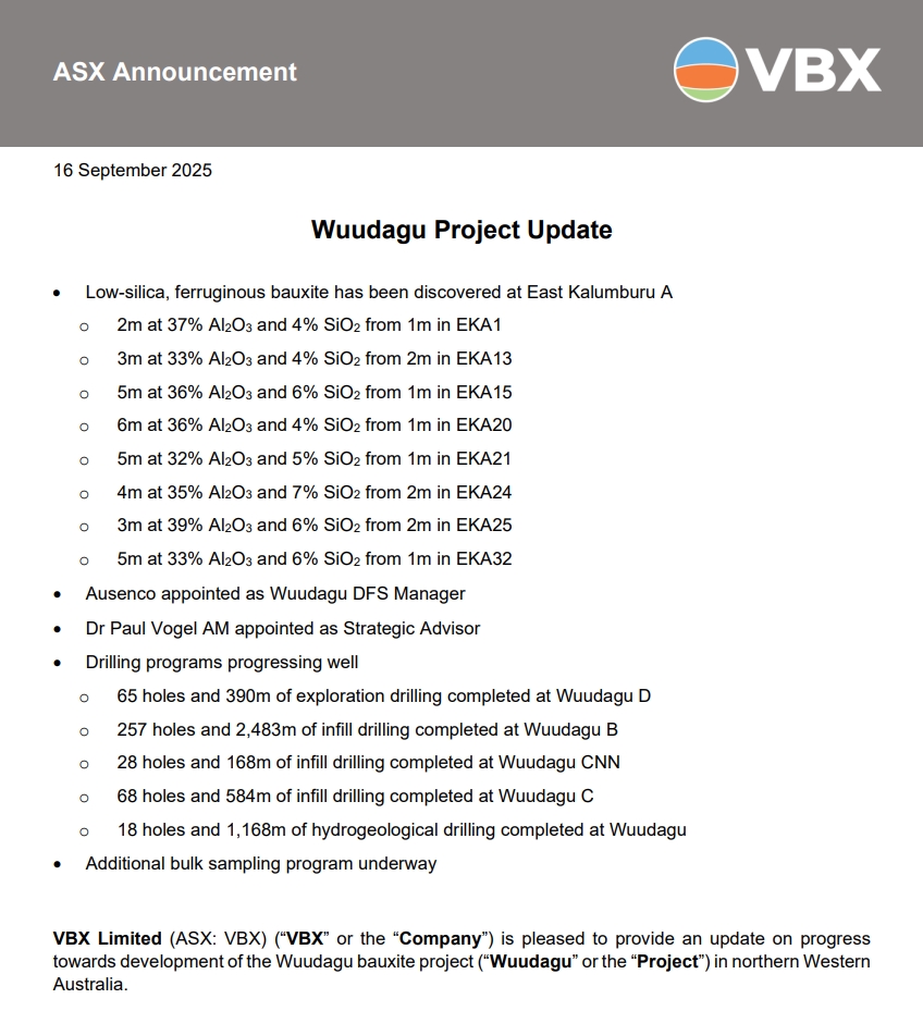 【SMM铝快讯】澳洲矿业公司VBX于9月16日发布公告称，近期勘探发现位于东卡伦布鲁低硅铝土矿，其矿区邻近伍达戈矿床，具备优异的配矿特性（Al2O3含量33-39%，SiO2含量4-7%），有望进一步延长伍达戈矿区整体开采年限。VBX称相关勘探、加密钻探、水文地质钻探及样本采集等多项工作正同步推进，预计所有工作将于10月完成。
