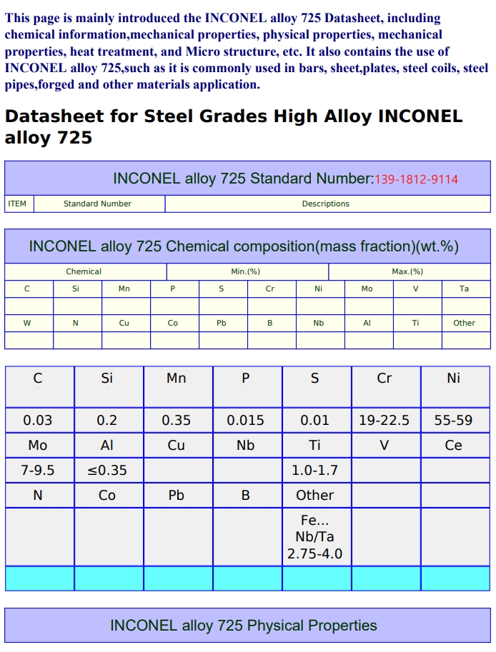 Inconel725（N07725）具有出色的强度、延展性和韧性