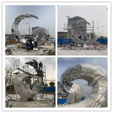 九江城镇主题不锈钢浪花鱼群雕塑 水波纹造型效果摆件