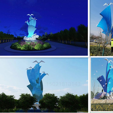 盐城城市标志夜景灯光雕塑 不锈钢浪尖上的海鸥雕塑定制