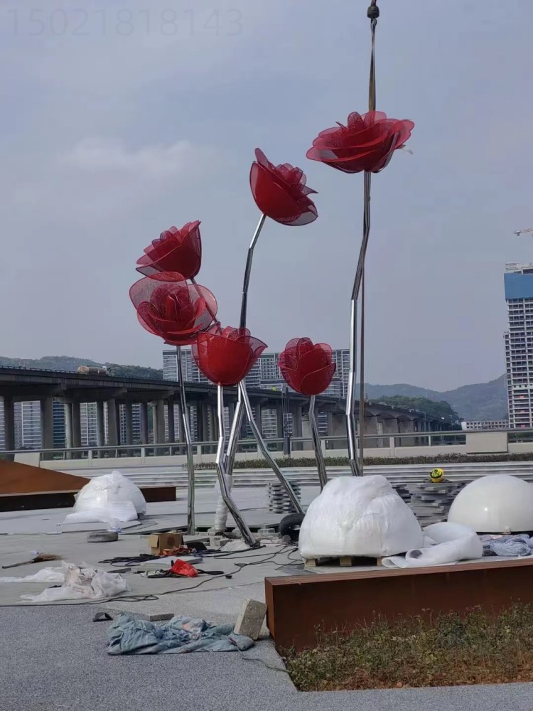 德清灯光玫瑰花不锈钢雕塑 小景观花开朵朵摆件