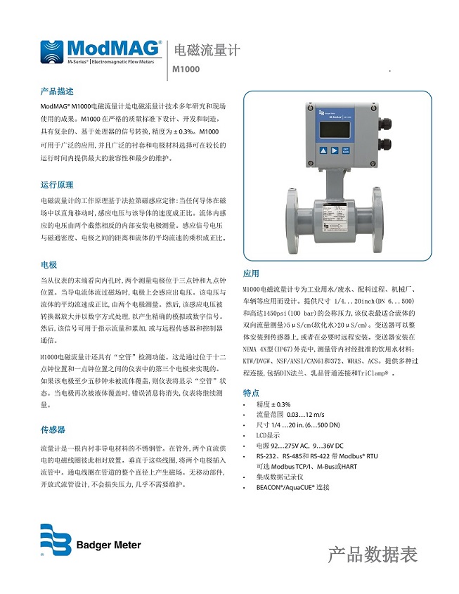 美国Badger Meter电磁流量计-M1000