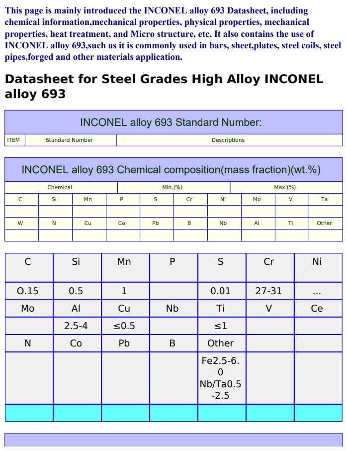 Inconel693镍基高温合金N06693