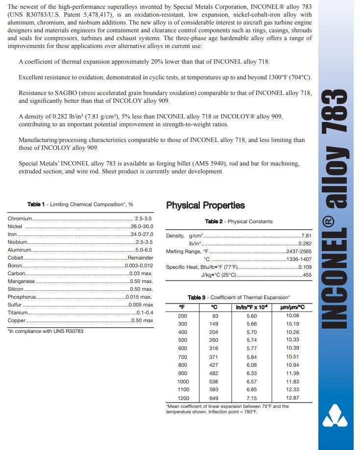 INCONEL® 合金 783机械性能、工作温度、氧气性能