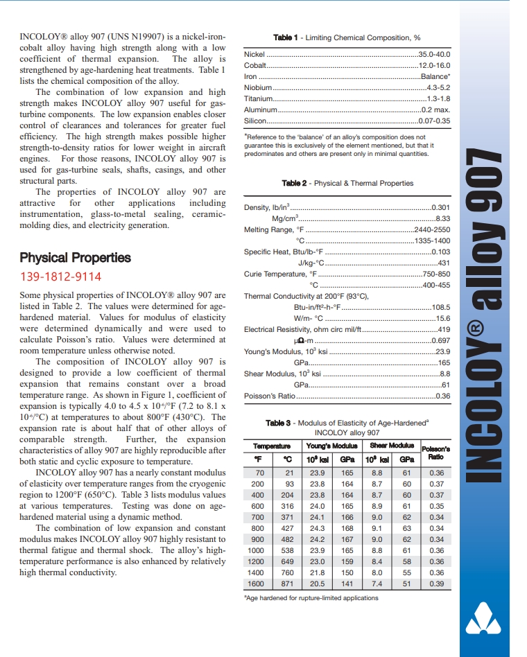Incoloy907、N09907镍铬铁合金板棒耐腐蚀性和高强度和硬度