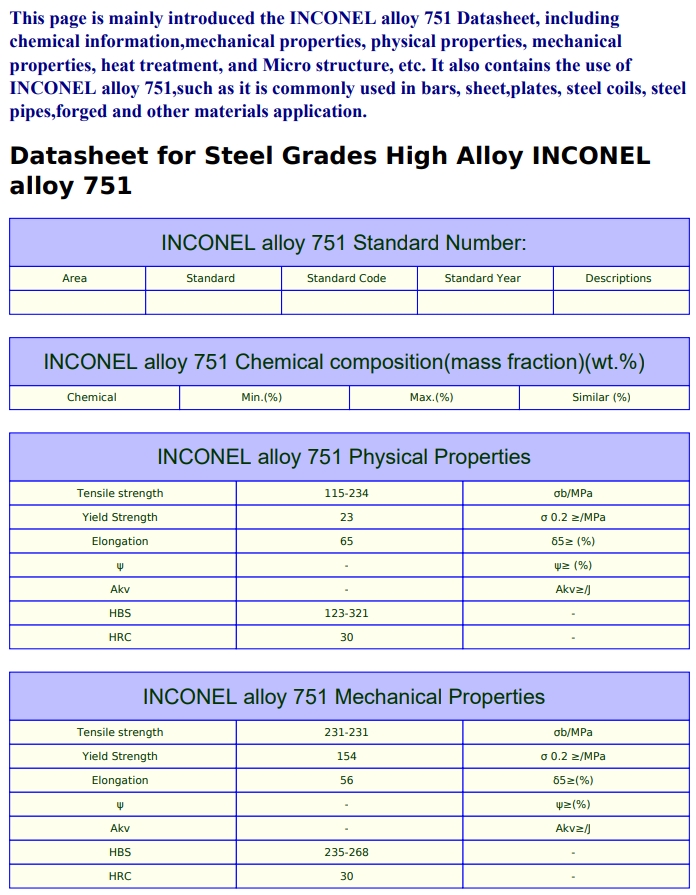 Inconel751铬镍铁合金N07751沉淀硬化的镍铬合金