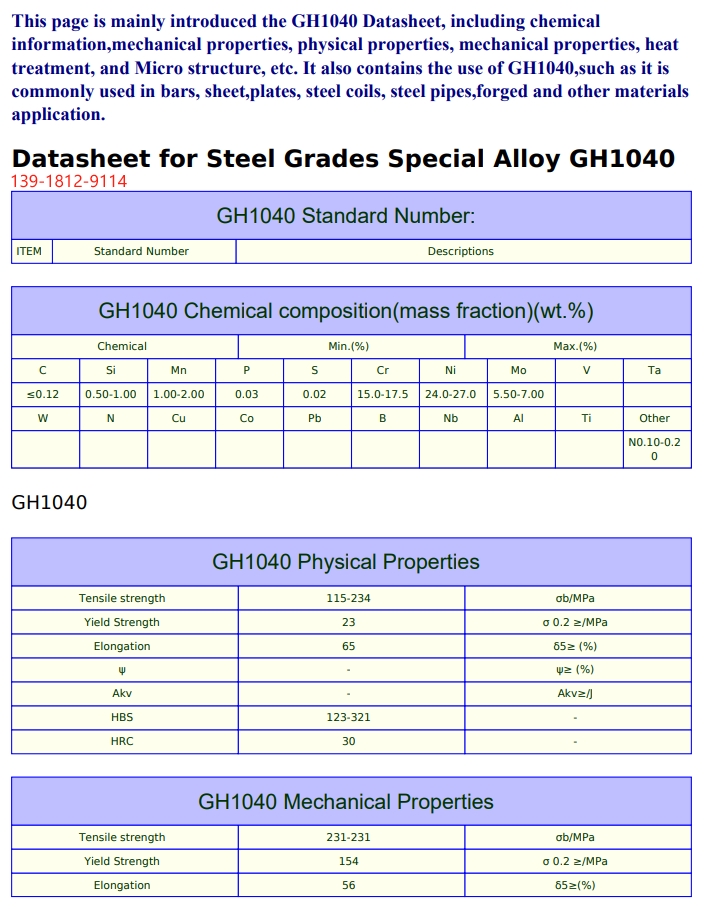 GH1040（GH40）GR2牌号的机械性能