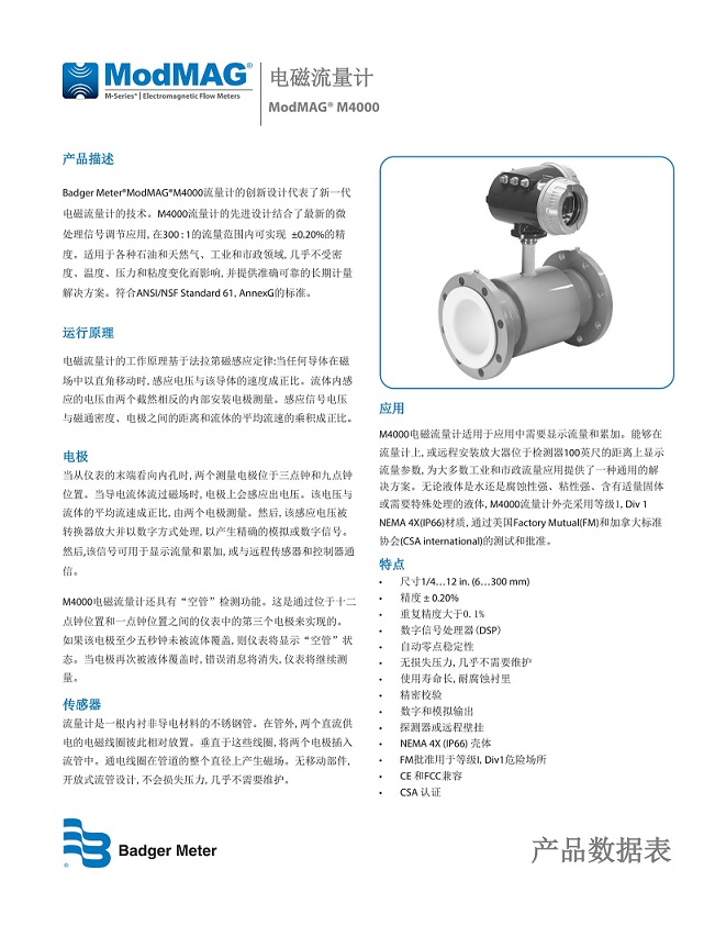 美国Badger Meter电磁流量计-M4000