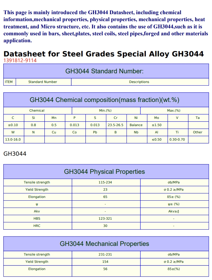 GH3044（GH44）XH60BT高温合金化学成分