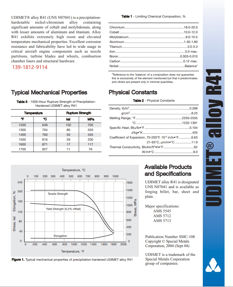 N07041、UNITEMP41镍基高温合金