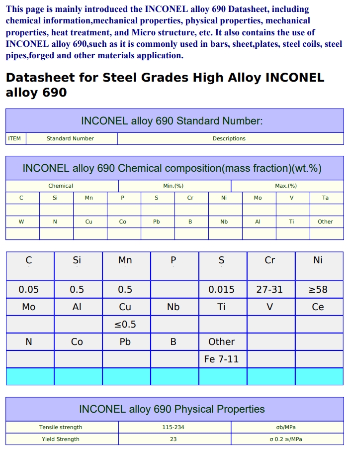 Inconel690铬镍铁合金N06690用于管道、分离器和焊件的蒸汽发生核反应堆中