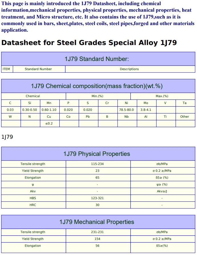 坡莫合金1J79镍铁磁性合金