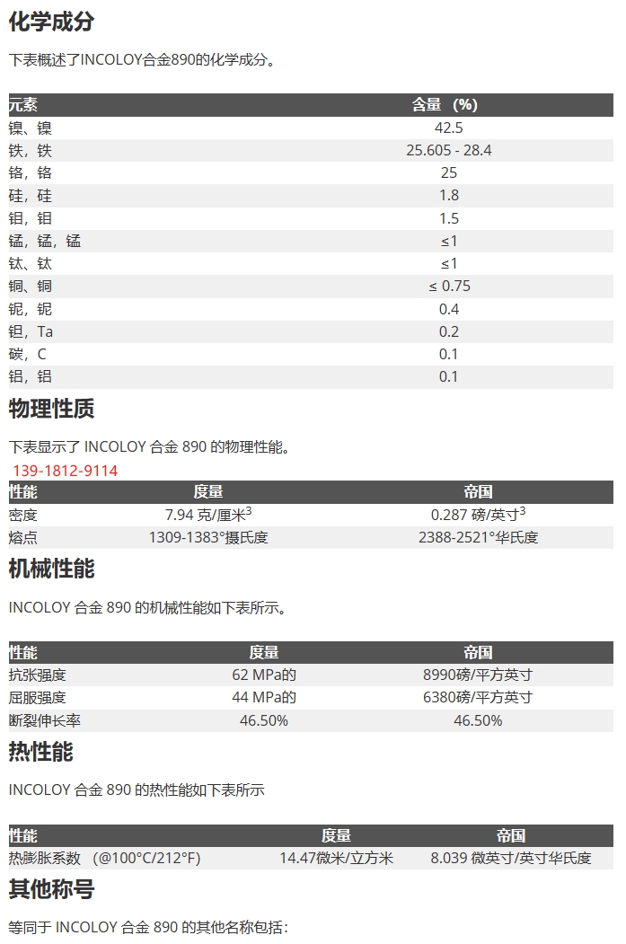 Incoloy890（N08890）化学成分、机械性能、物理性能