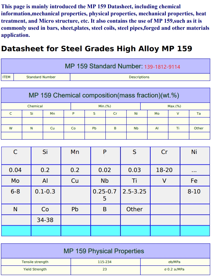 （GH159）Mp159具有应力腐蚀和耐缝隙腐蚀和耐氢腐蚀的特点