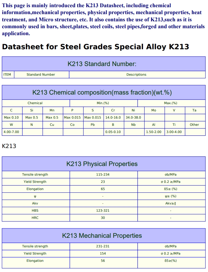 K213（K13）沉淀硬化型等轴晶铸造高温合金