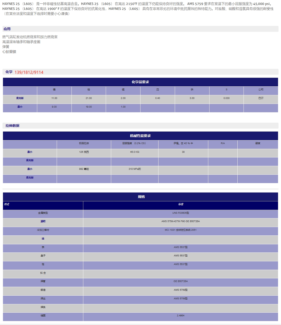 GH5605（GH605）L605、Haynes25钴铬镍基固溶体强化变形高温合金