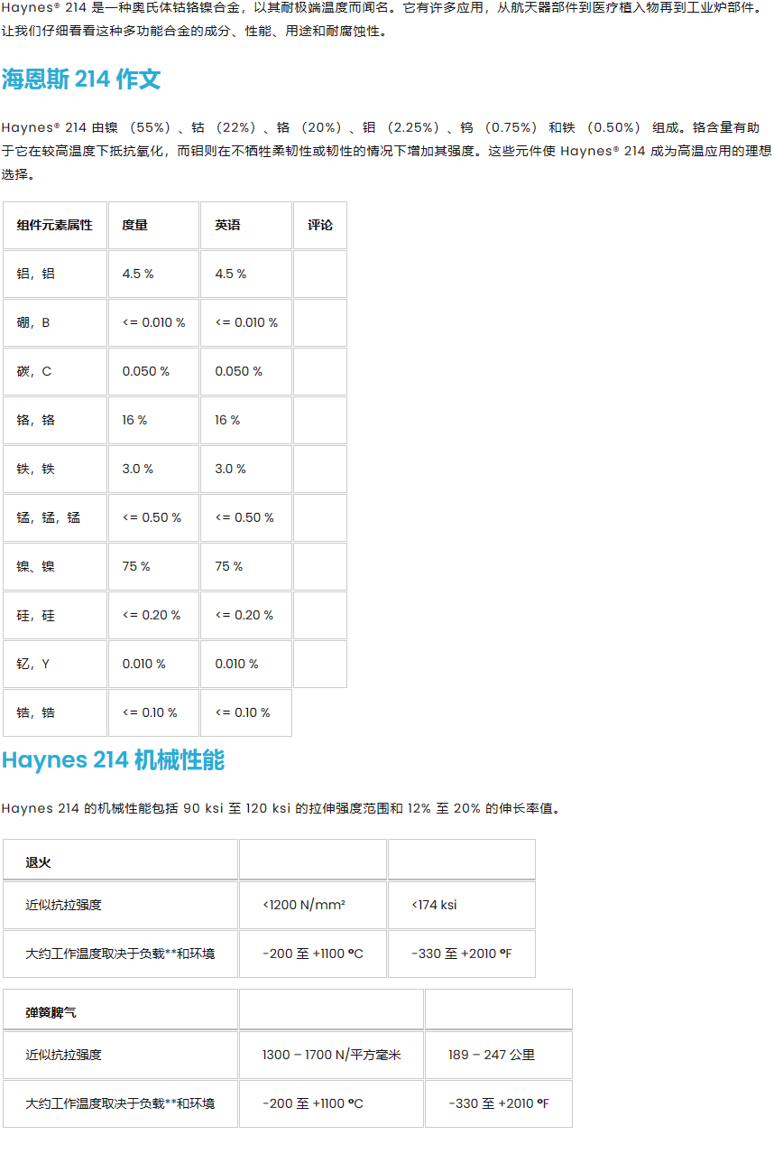 Haynes214镍-铬-铝-铁合金N07214锻造奥氏体材料