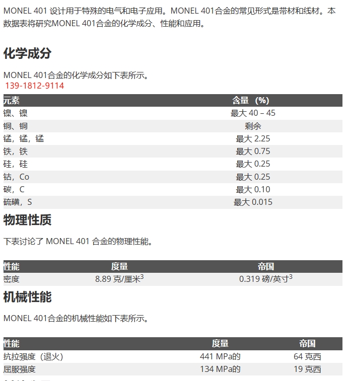 Monel401（N04401）蒙乃尔 401 合金铜镍合金