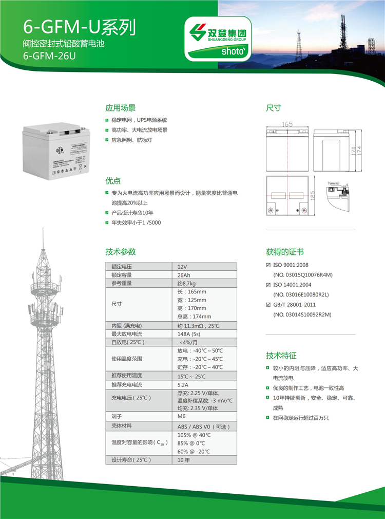 青岛双登蓄电池6GFM-26总代理