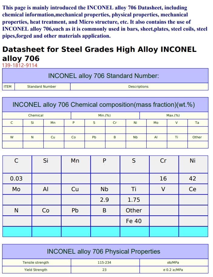 GH2706（GH706）Inconel706镍铁铬合金