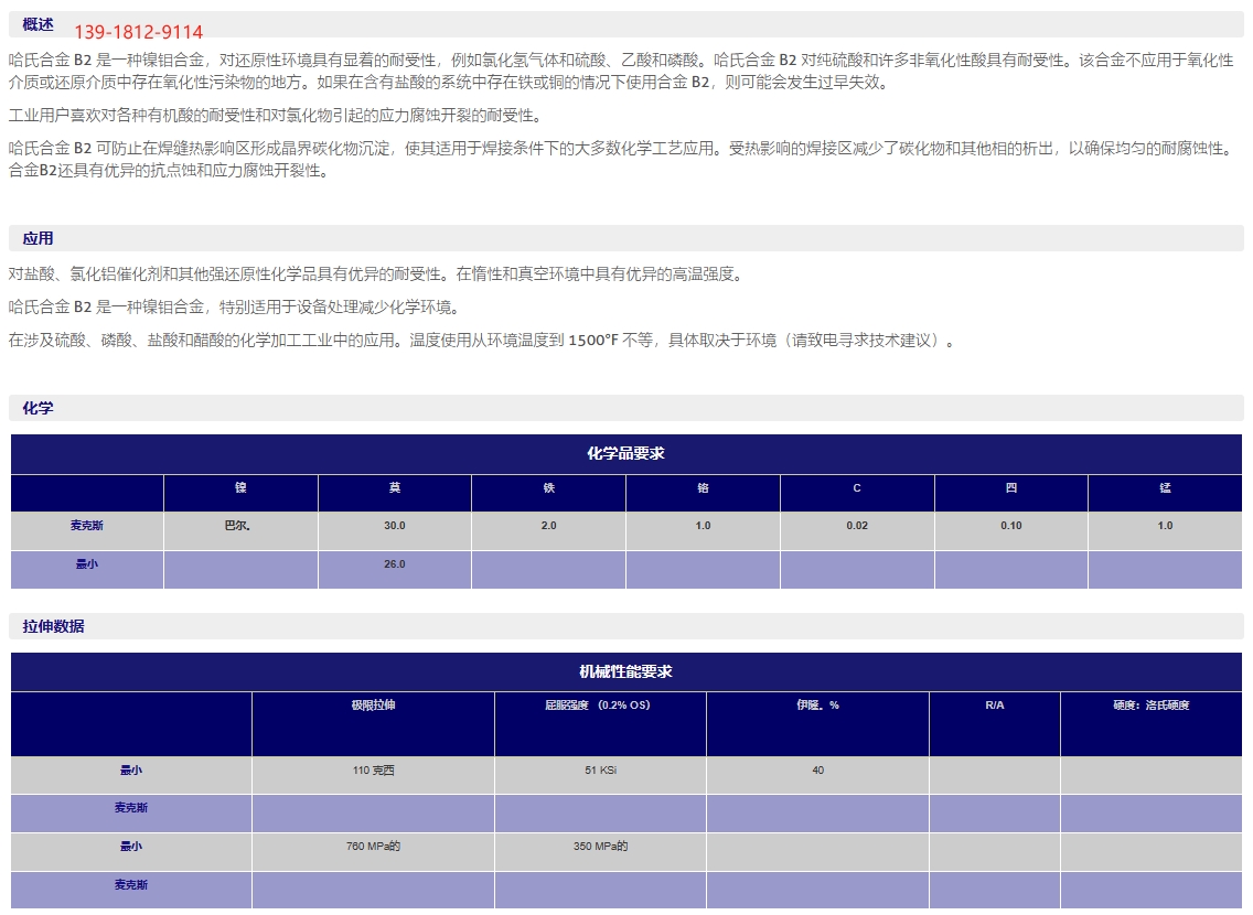 （HastelloyB-2）NiMo28哈氏合金具有高度耐腐蚀性