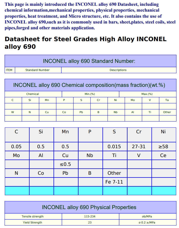 铬镍铁合金 N06690具有高强度、良好的冶金稳定性和良好的制造特性